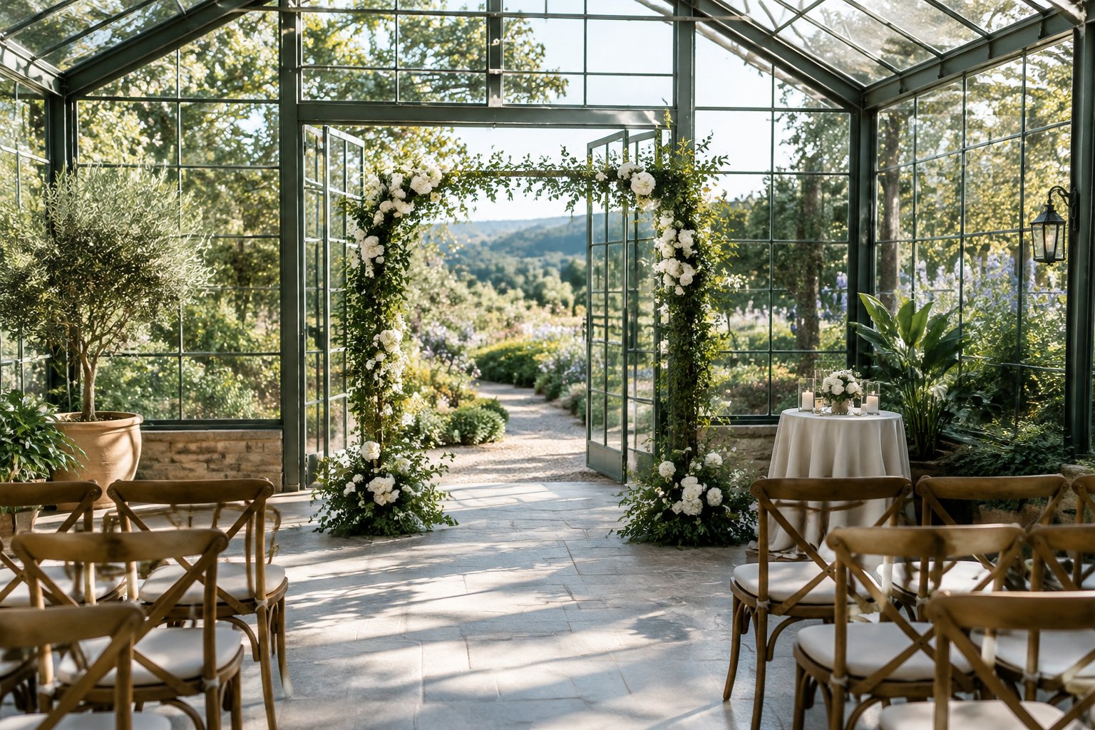 A small wedding ceremony setup inside a glasshouse beside a lush garden.