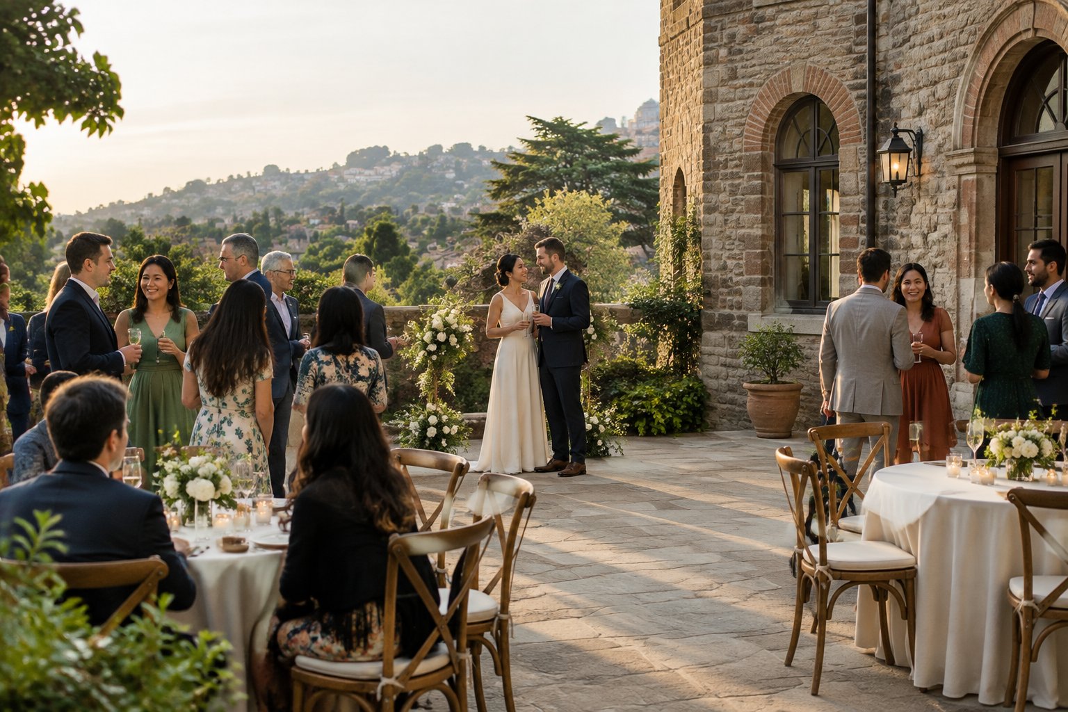 A couple celebrates with guests in a historic courtyard.