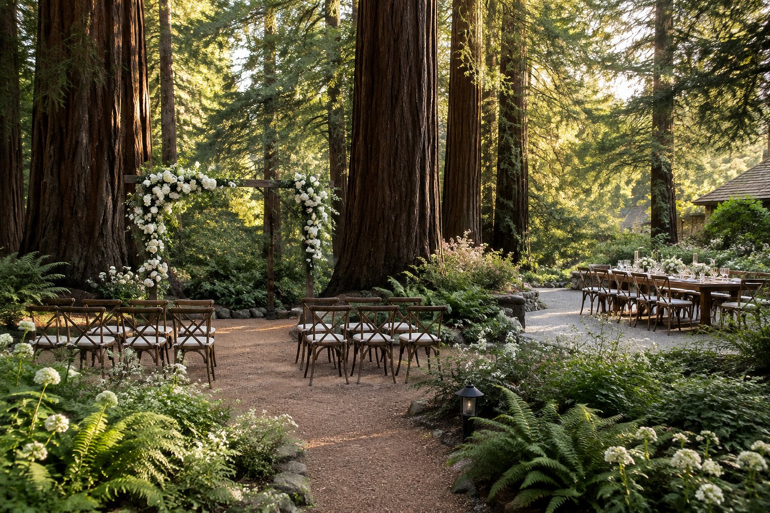 A small wedding ceremony setup in a garden beneath tall redwood trees.