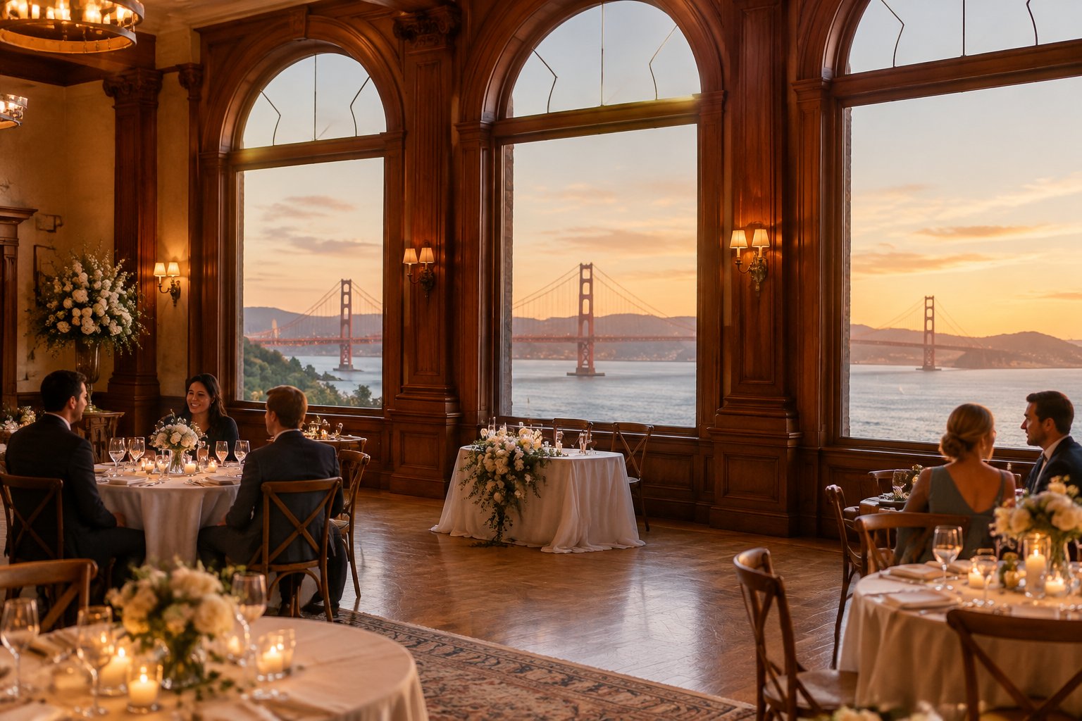 Guests gather for a small wedding reception in a historic room overlooking the Golden Gate Bridge.