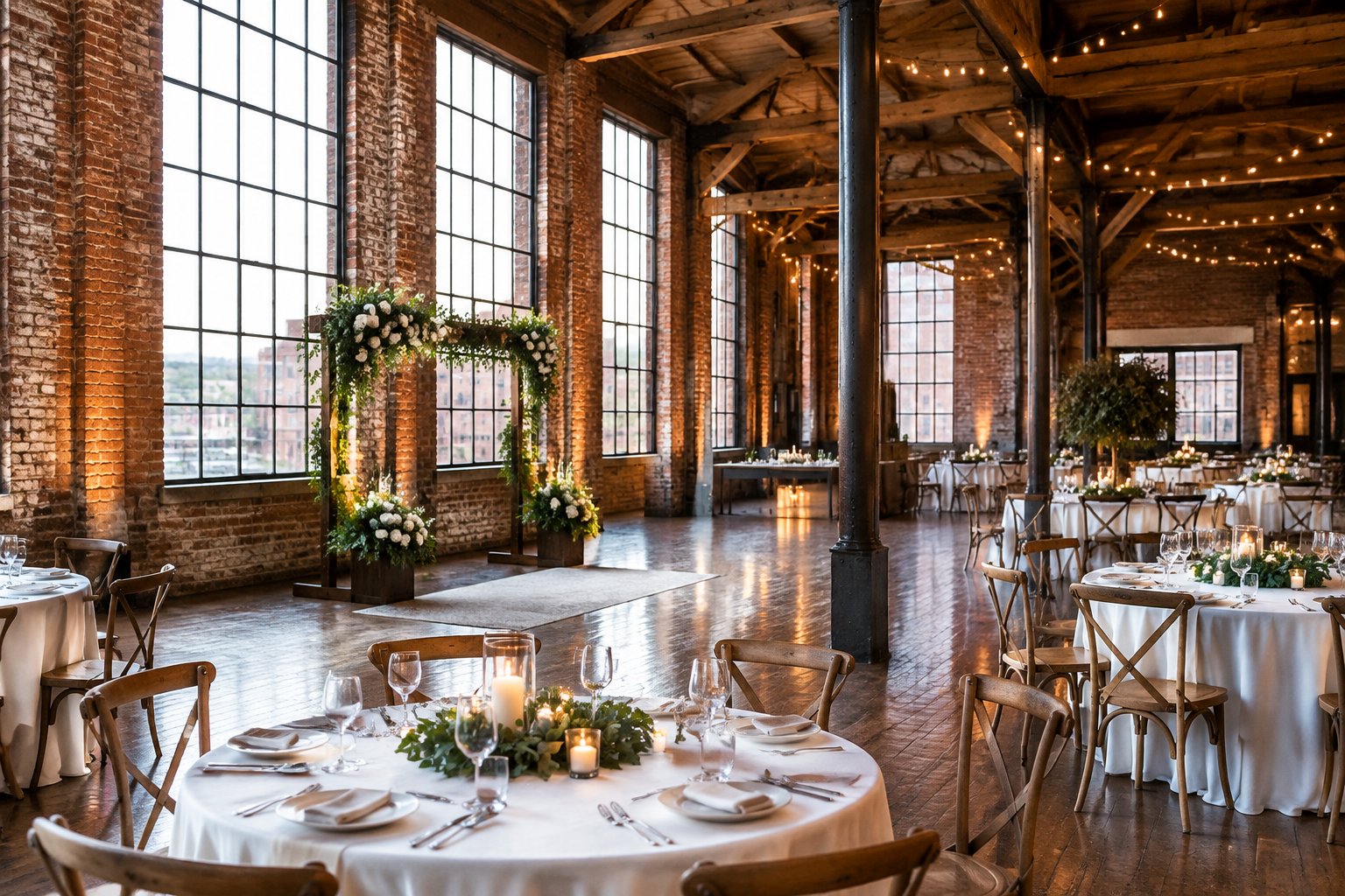 A wedding reception setup inside a brick industrial venue with tall windows and exposed beams.