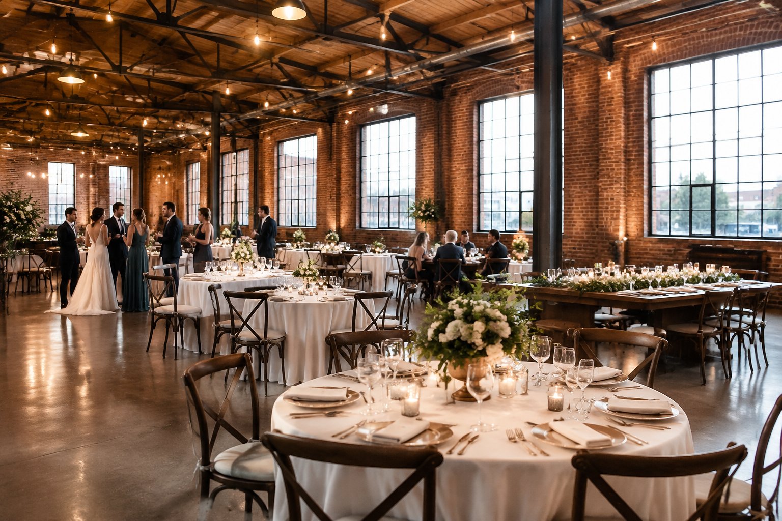 Guests gather for a wedding reception in a brick industrial venue.