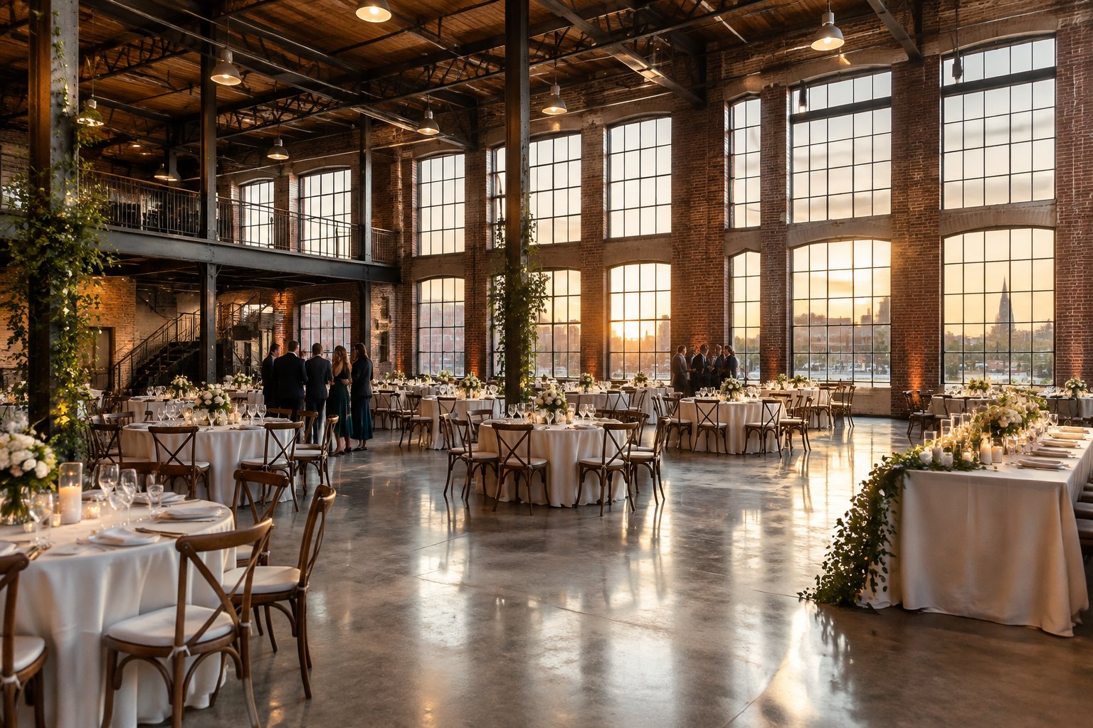 A wedding reception set inside a brick industrial loft.