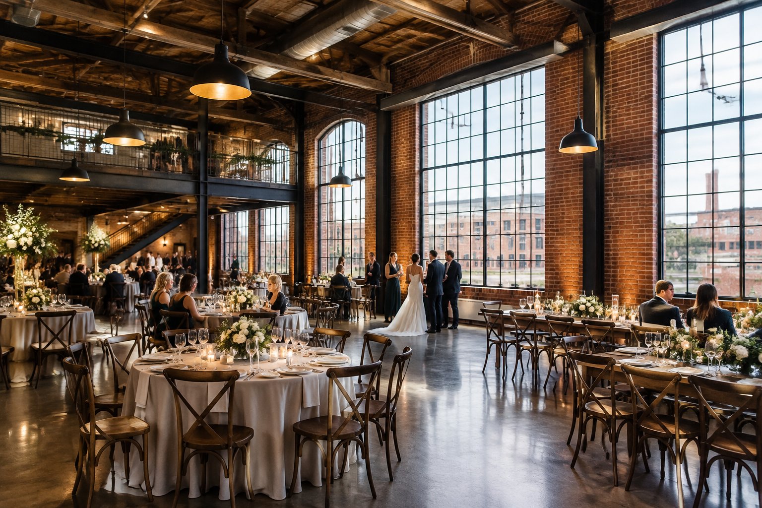 Guests gather for a wedding reception in a brick industrial venue.