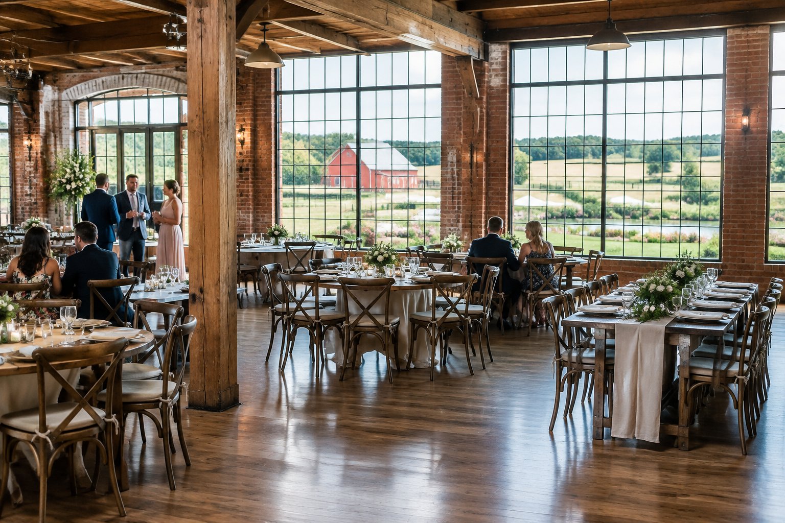 A wedding reception in a brick industrial venue overlooking a barn, farmland, and landscaped grounds.