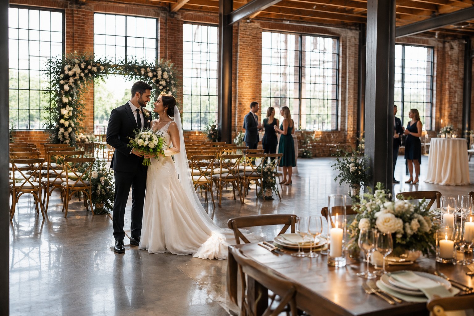 A couple celebrates their wedding in a decorated brick warehouse with guests nearby.