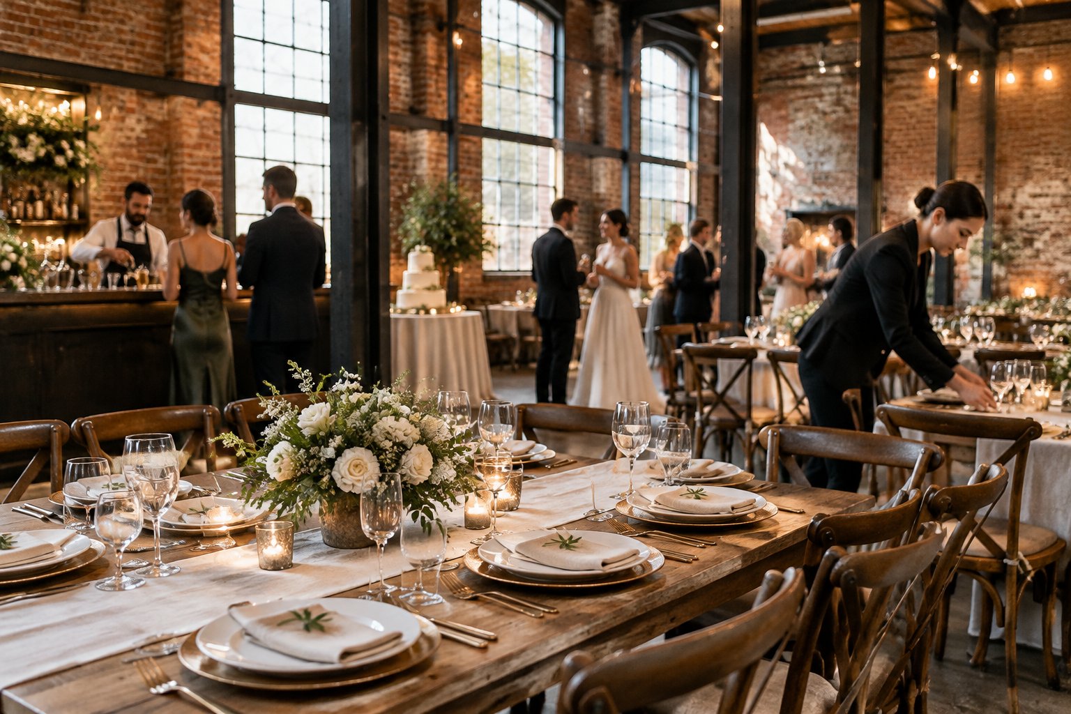 Guests gather around a decorated dining table at a wedding reception in a brick industrial venue.