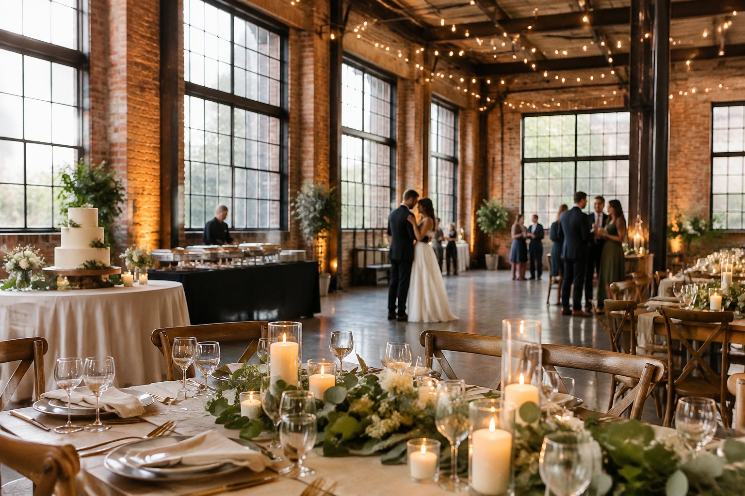 A couple celebrates at a wedding reception in a brick-walled industrial venue.