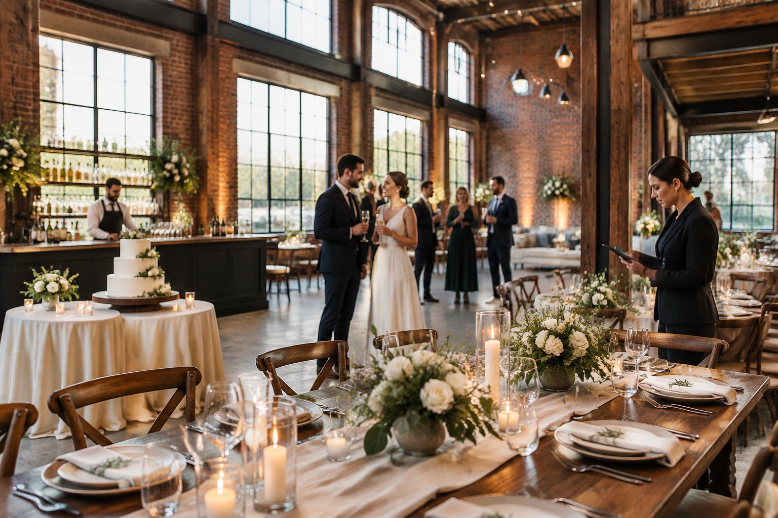 Guests celebrate at a wedding reception in a brick industrial venue.