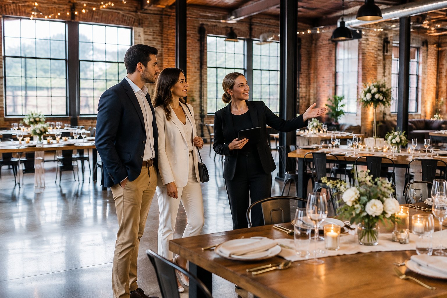 A couple tours an industrial wedding venue with a coordinator.