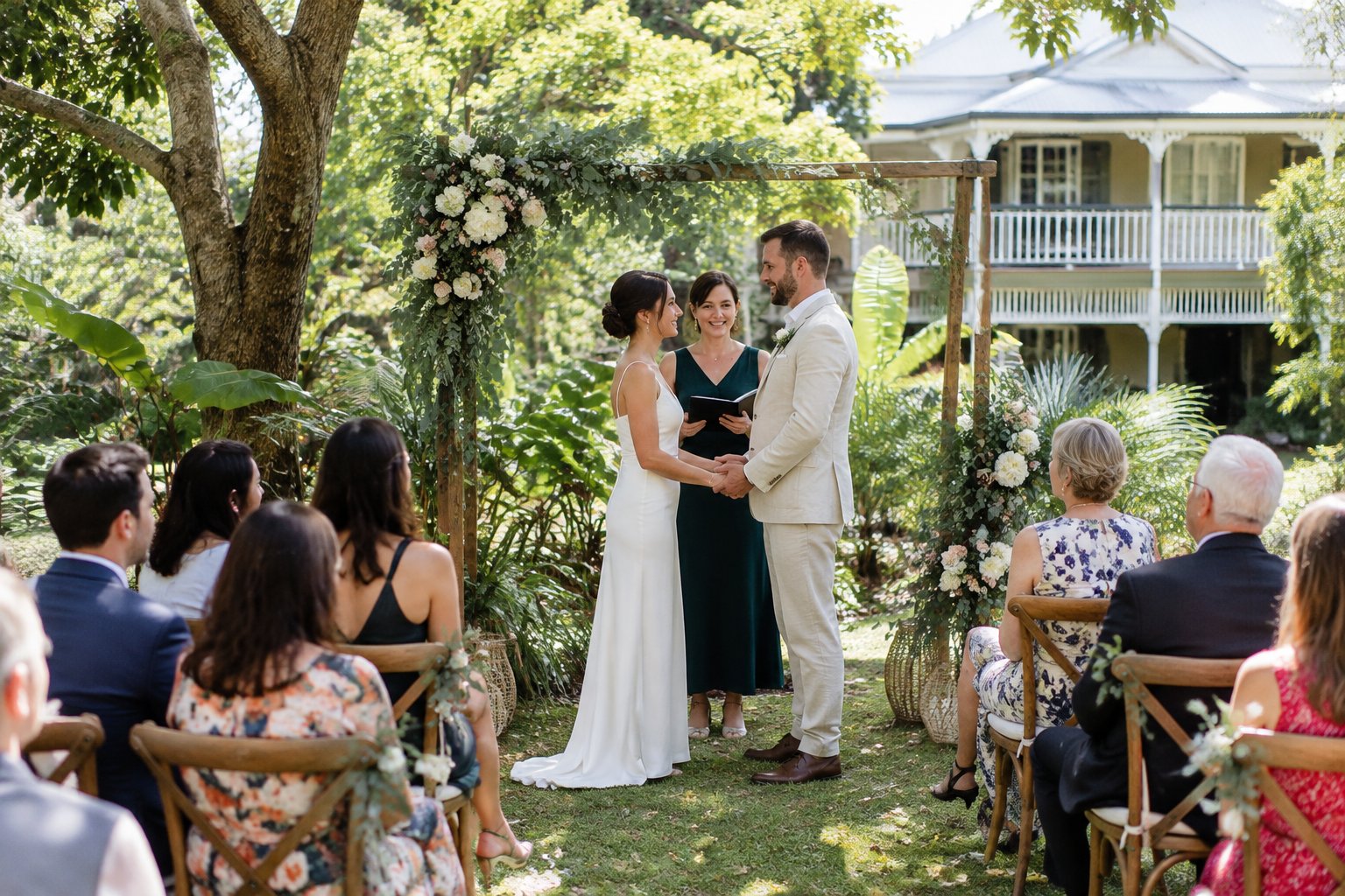A couple exchange vows with family and friends at a garden wedding.