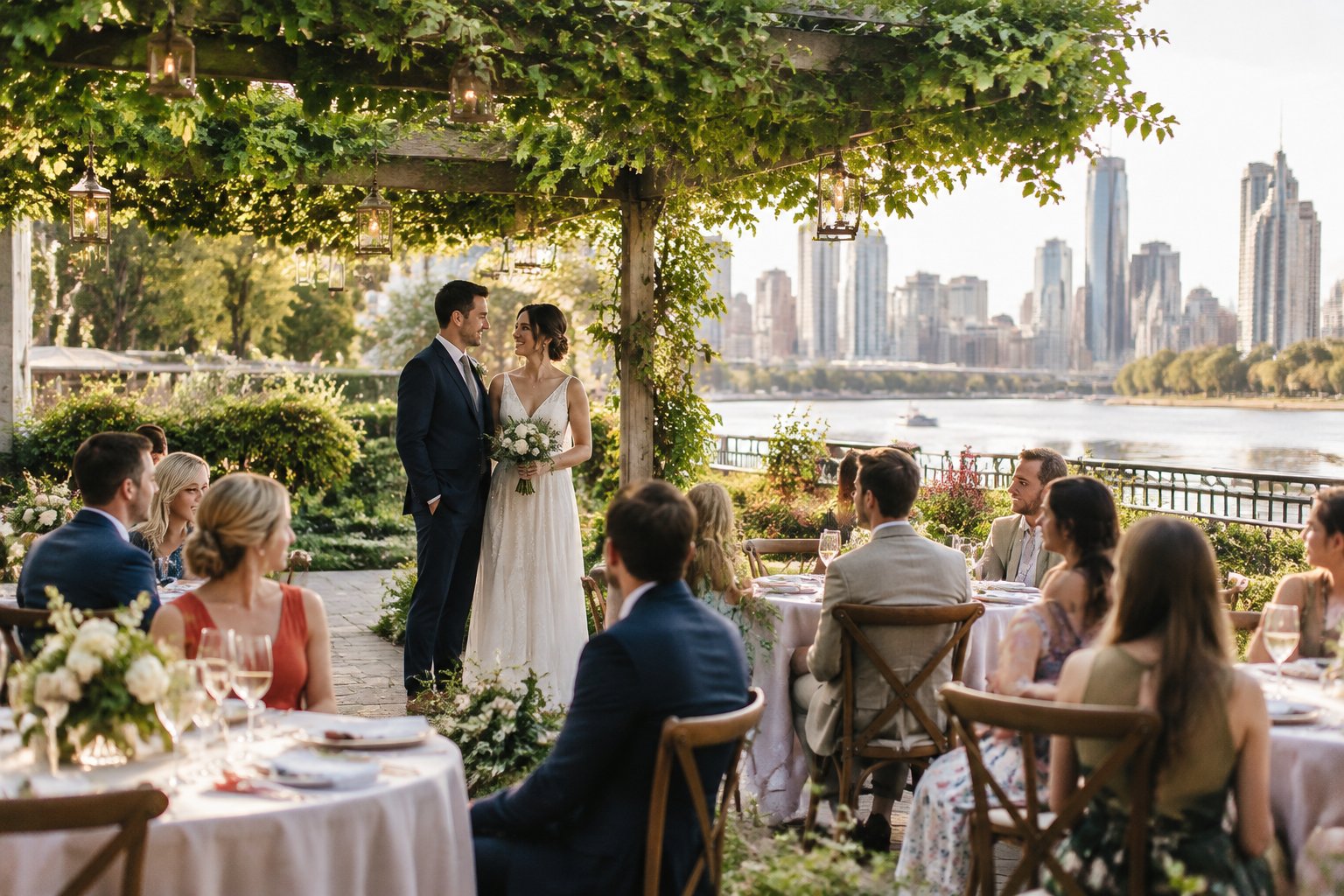 A couple celebrates with guests at a riverside garden wedding venue.