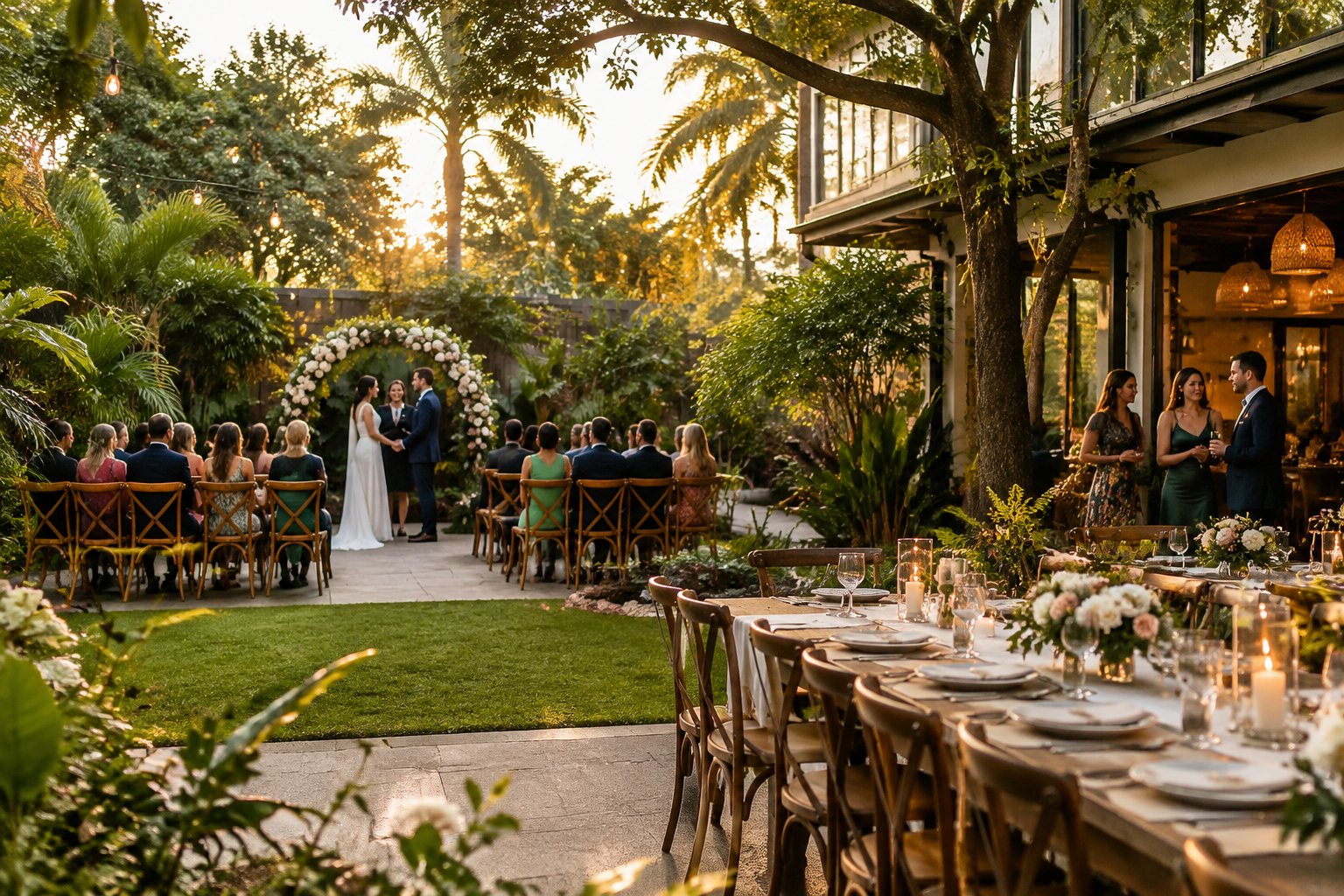 A couple stands beneath a floral arch beside a garden reception table.