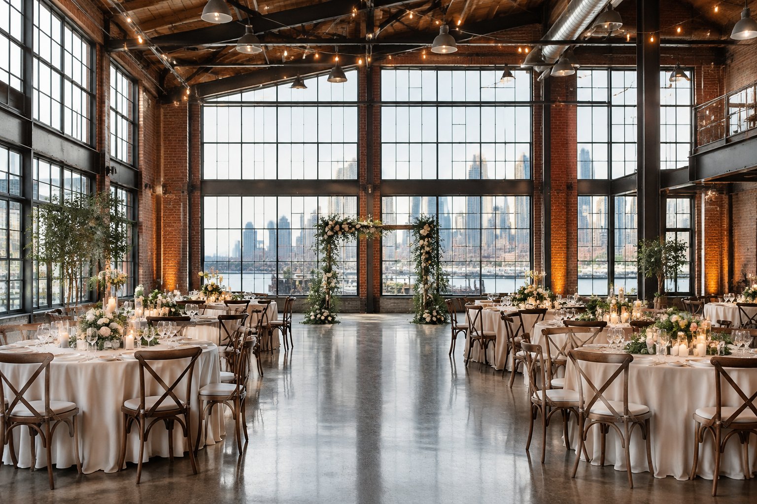A wedding reception arranged inside a brick-and-steel warehouse venue.