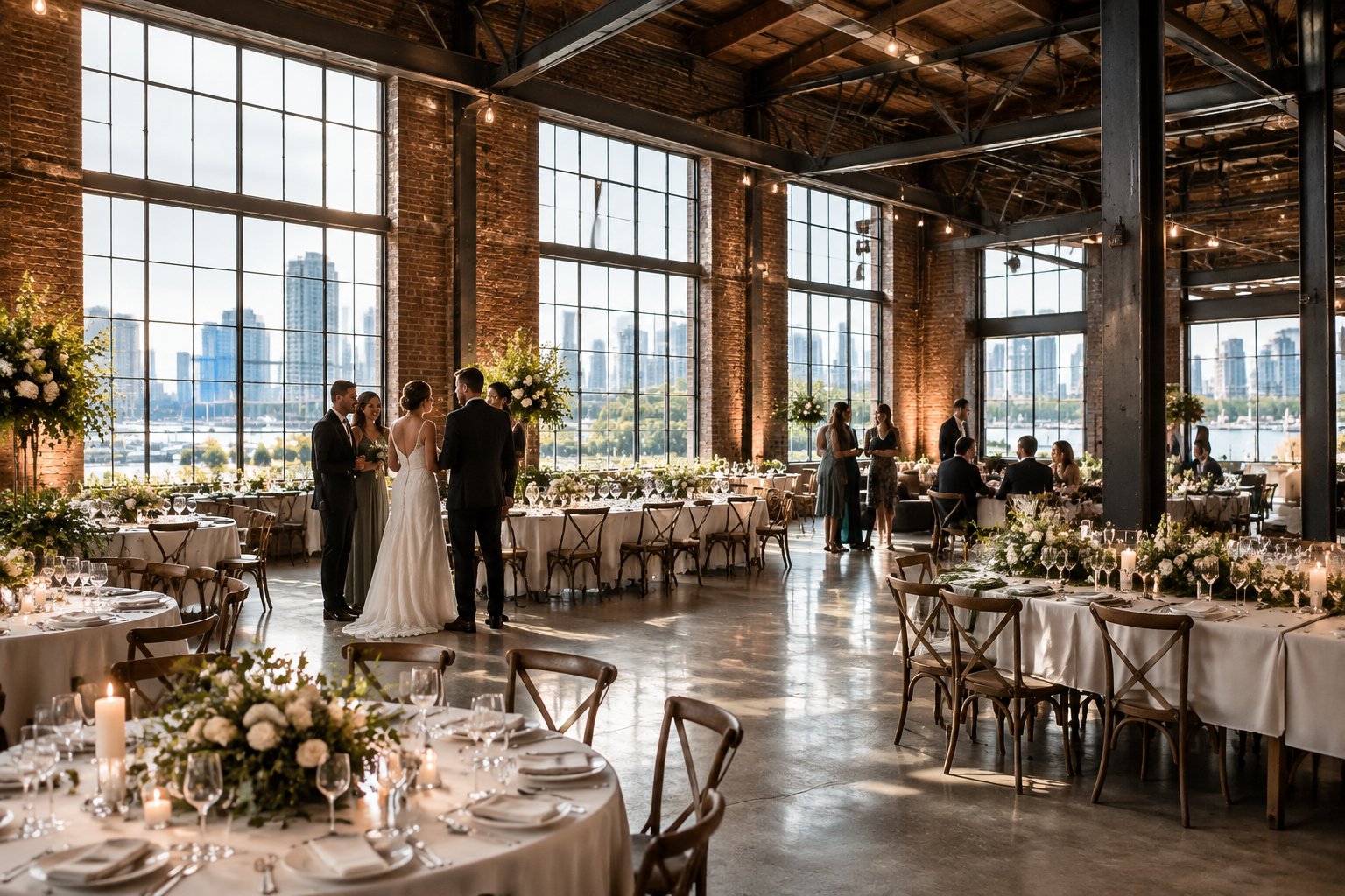 Guests gather around decorated tables in a warehouse wedding venue.