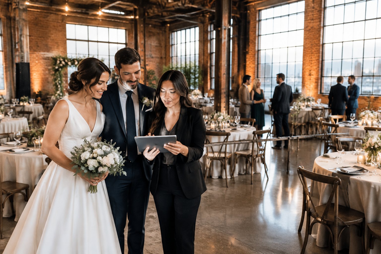 A couple and wedding planner review a seating plan in a converted warehouse wedding venue.