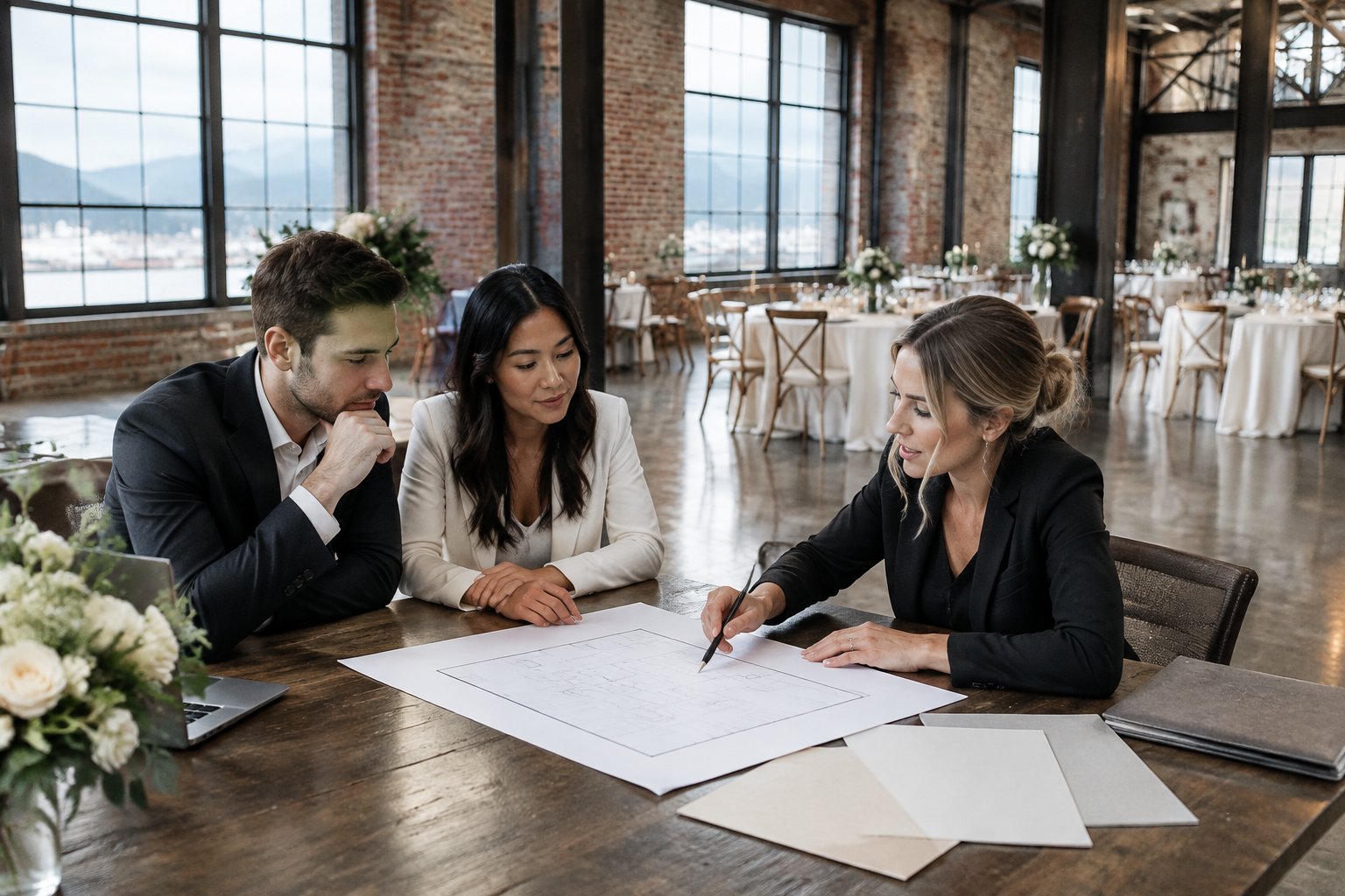 A couple and wedding planner review papers inside an industrial wedding venue.