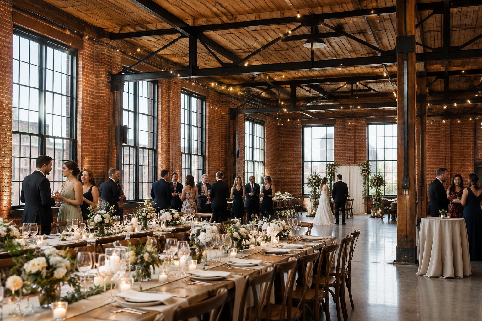 Guests gather at a wedding reception inside a brick industrial venue.