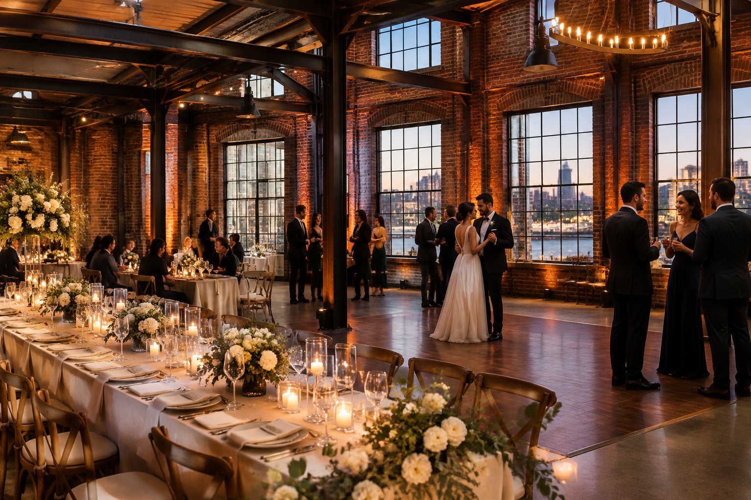 Wedding guests gather around a decorated reception table inside a brick-walled industrial venue.
