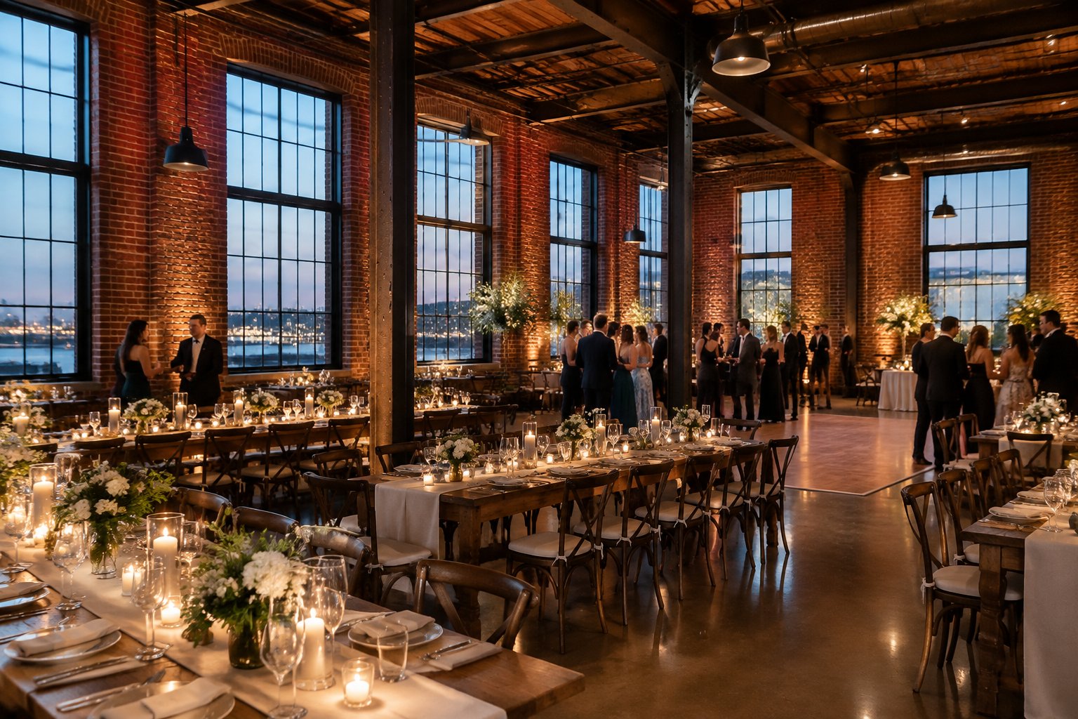 Guests gather for a wedding reception in a brick-walled venue with tall windows and wooden tables.