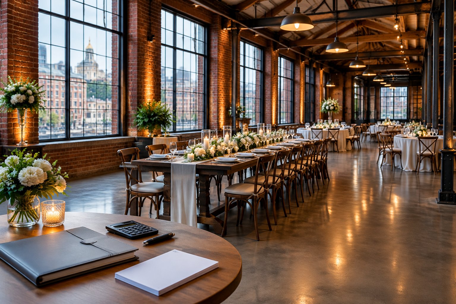 A wedding reception setup in a brick industrial venue.