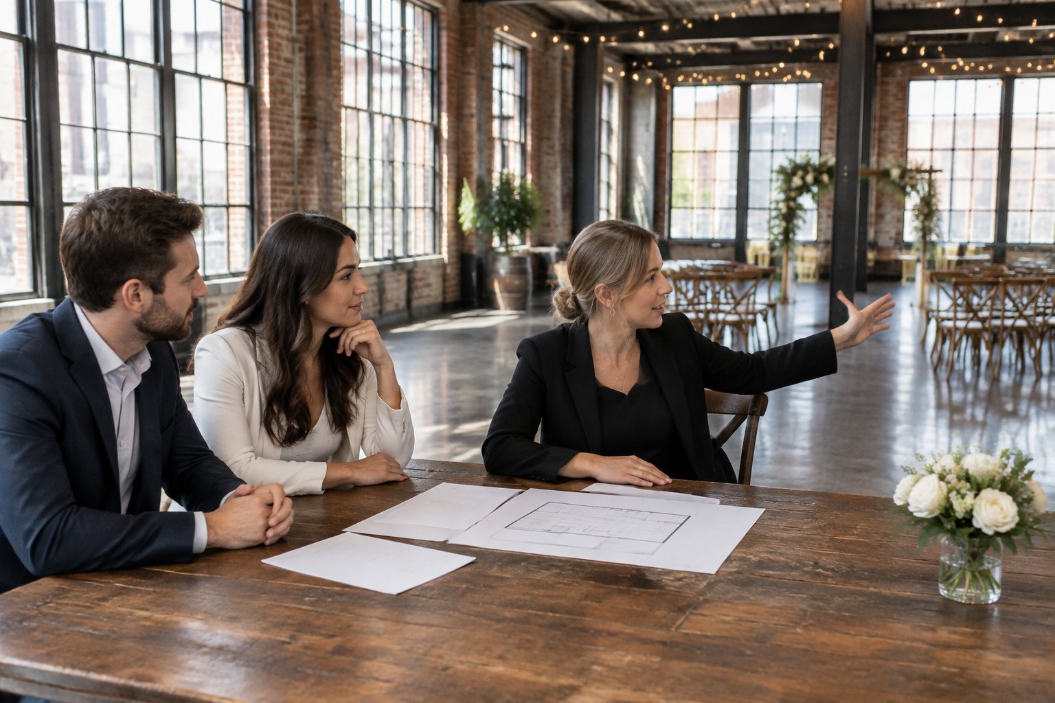 A couple and venue coordinator review a floor plan inside a converted warehouse wedding venue.