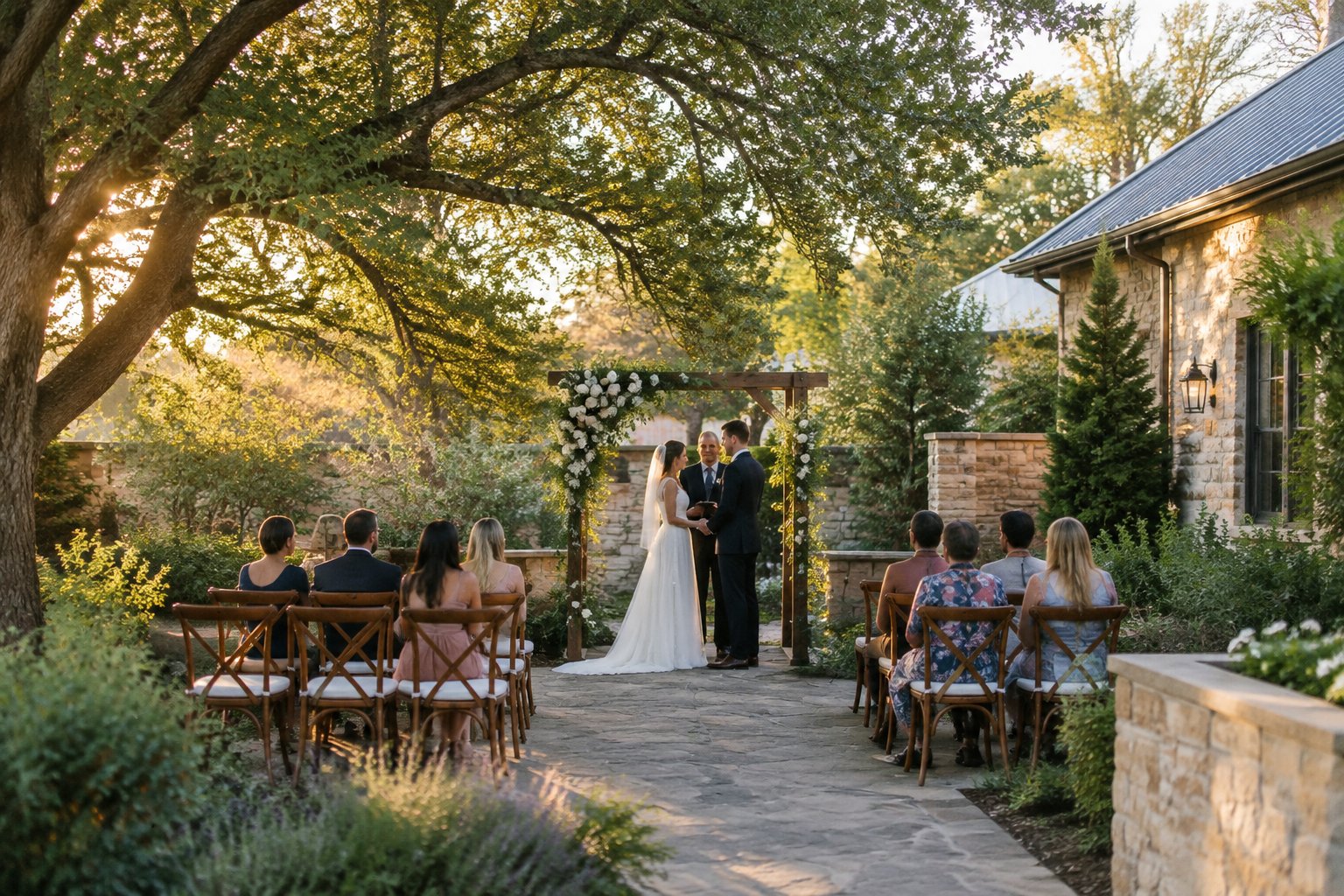 A couple exchanges vows in a garden courtyard surrounded by a small group of guests.