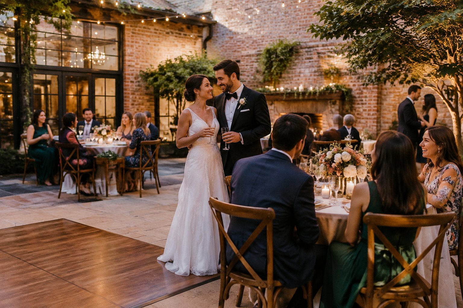 A couple celebrates with guests at a small wedding reception.