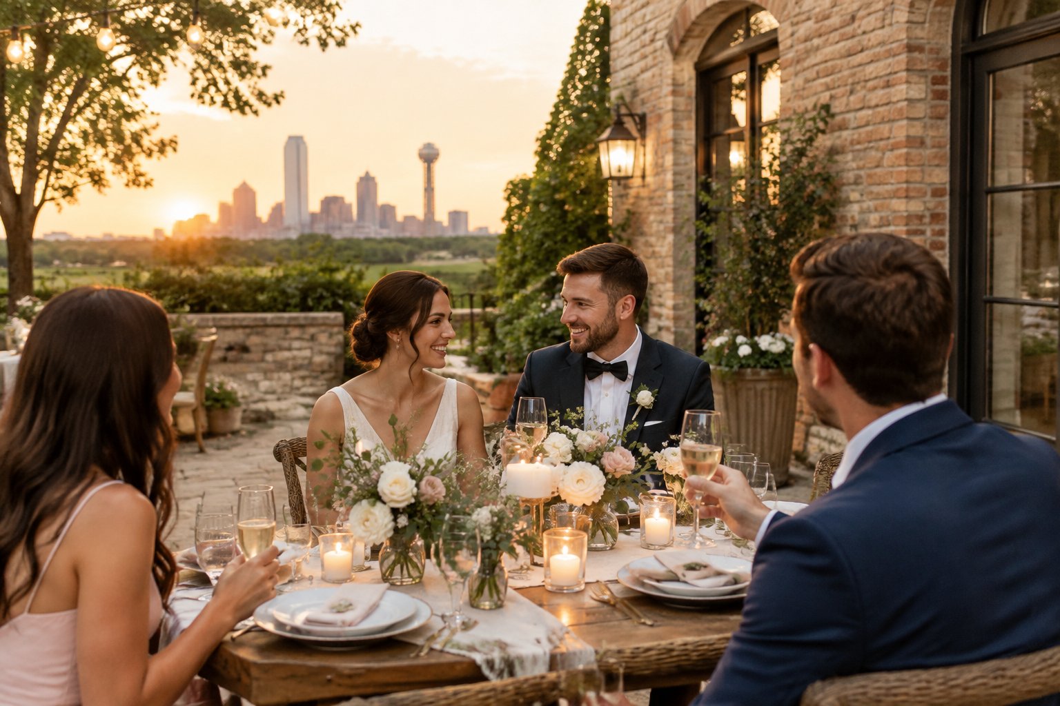 A small wedding gathering celebrates in a flower-decorated courtyard.