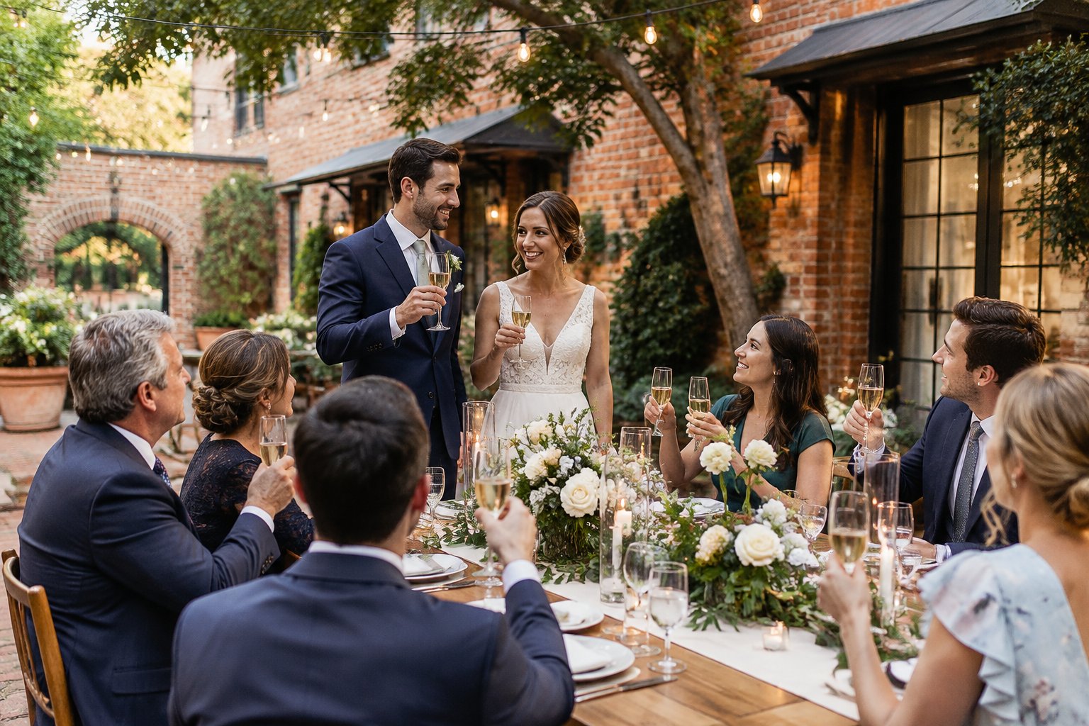 A newlywed couple celebrates with family and friends at an intimate outdoor reception.