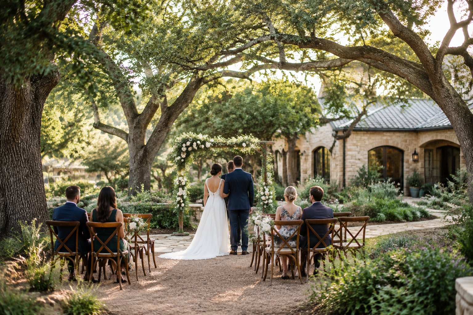 A couple celebrates an intimate outdoor wedding at a garden venue with a small group of guests.