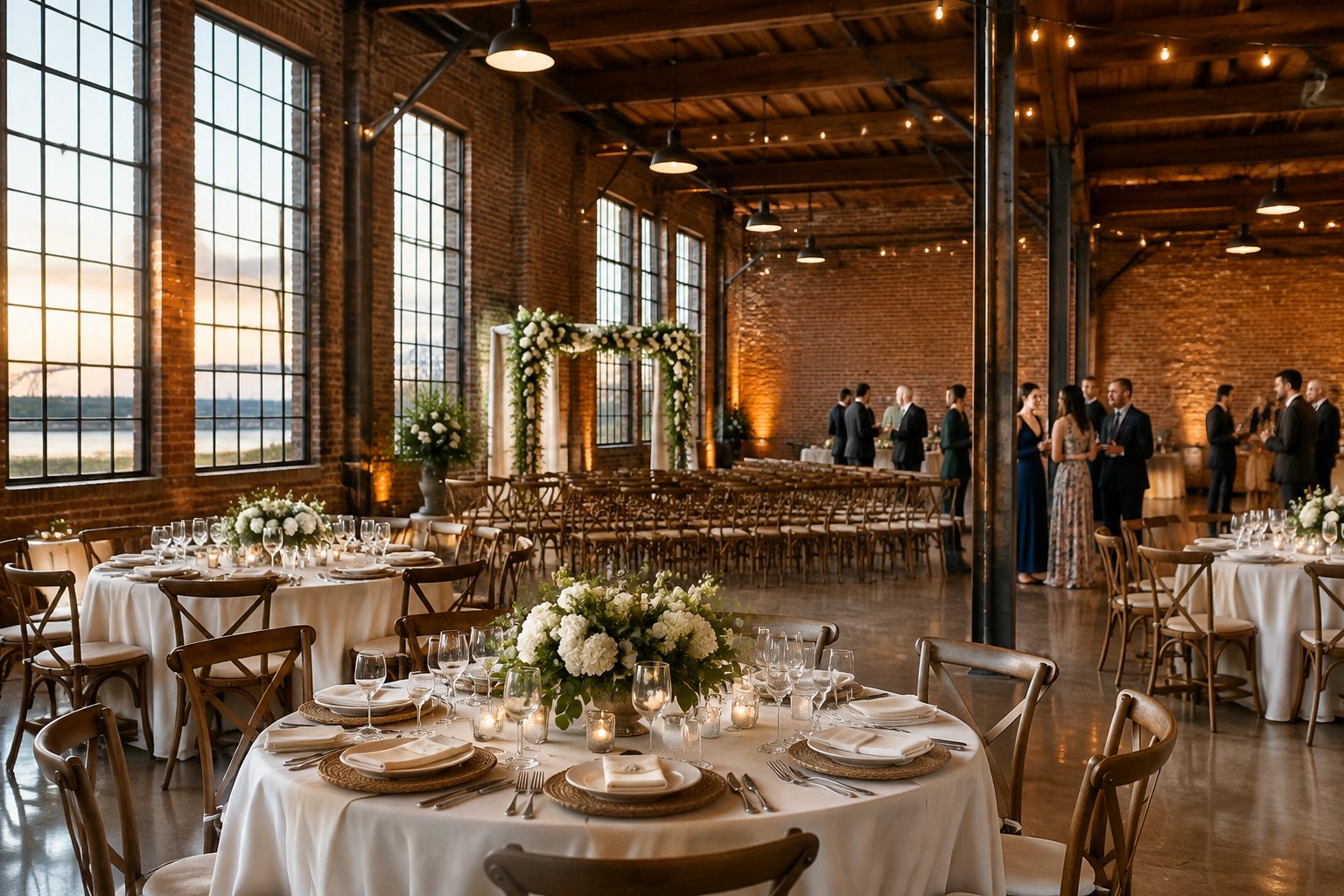 Guests gather around decorated tables inside a brick industrial wedding venue.