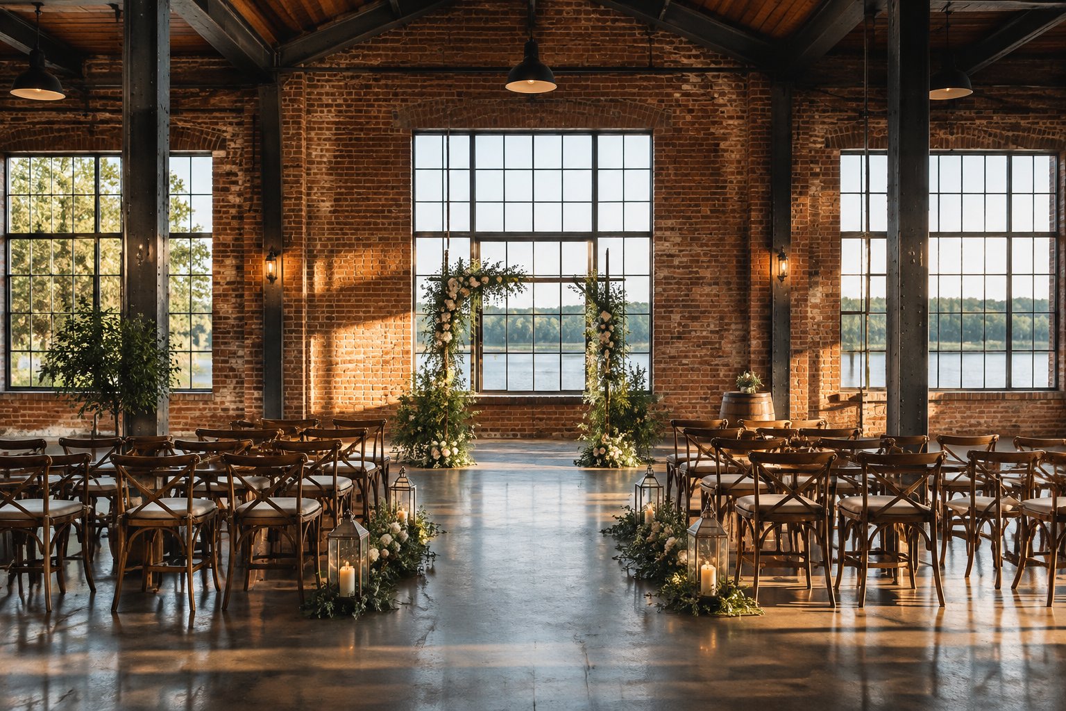 A wedding ceremony setup inside a brick hall with large windows.