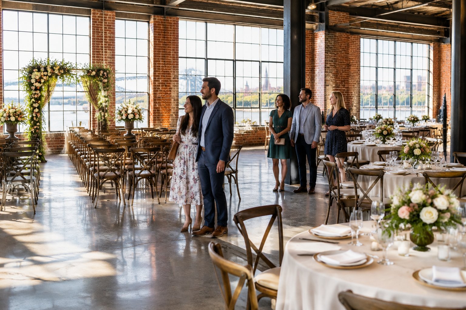 A couple and guests explore a brick industrial wedding venue with ceremony and reception spaces.
