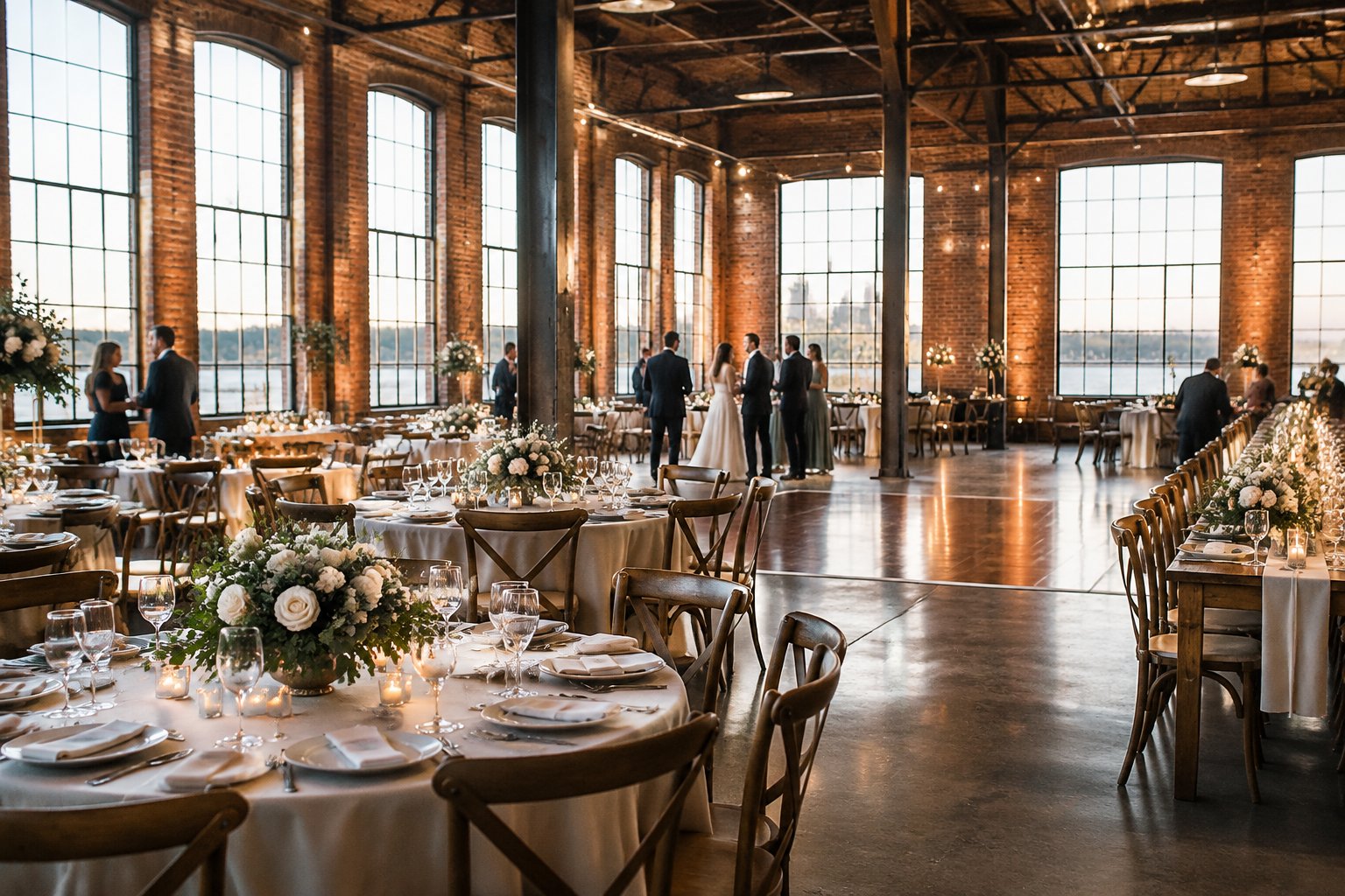 Wedding tables and guests in a brick industrial reception venue.