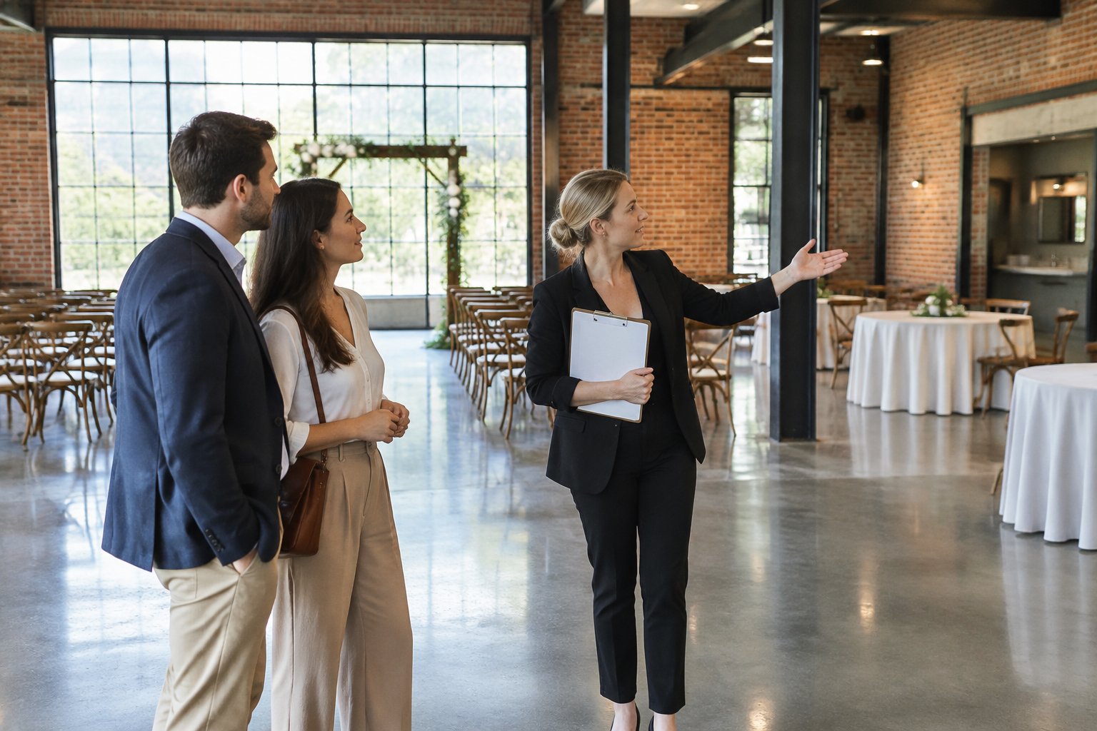 A couple and a venue coordinator inspect an industrial wedding venue.