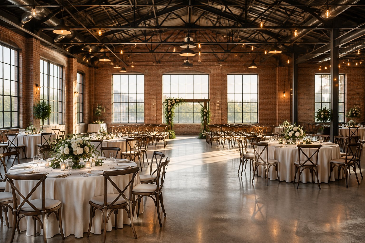 A wedding reception set up inside a spacious brick-and-steel warehouse.