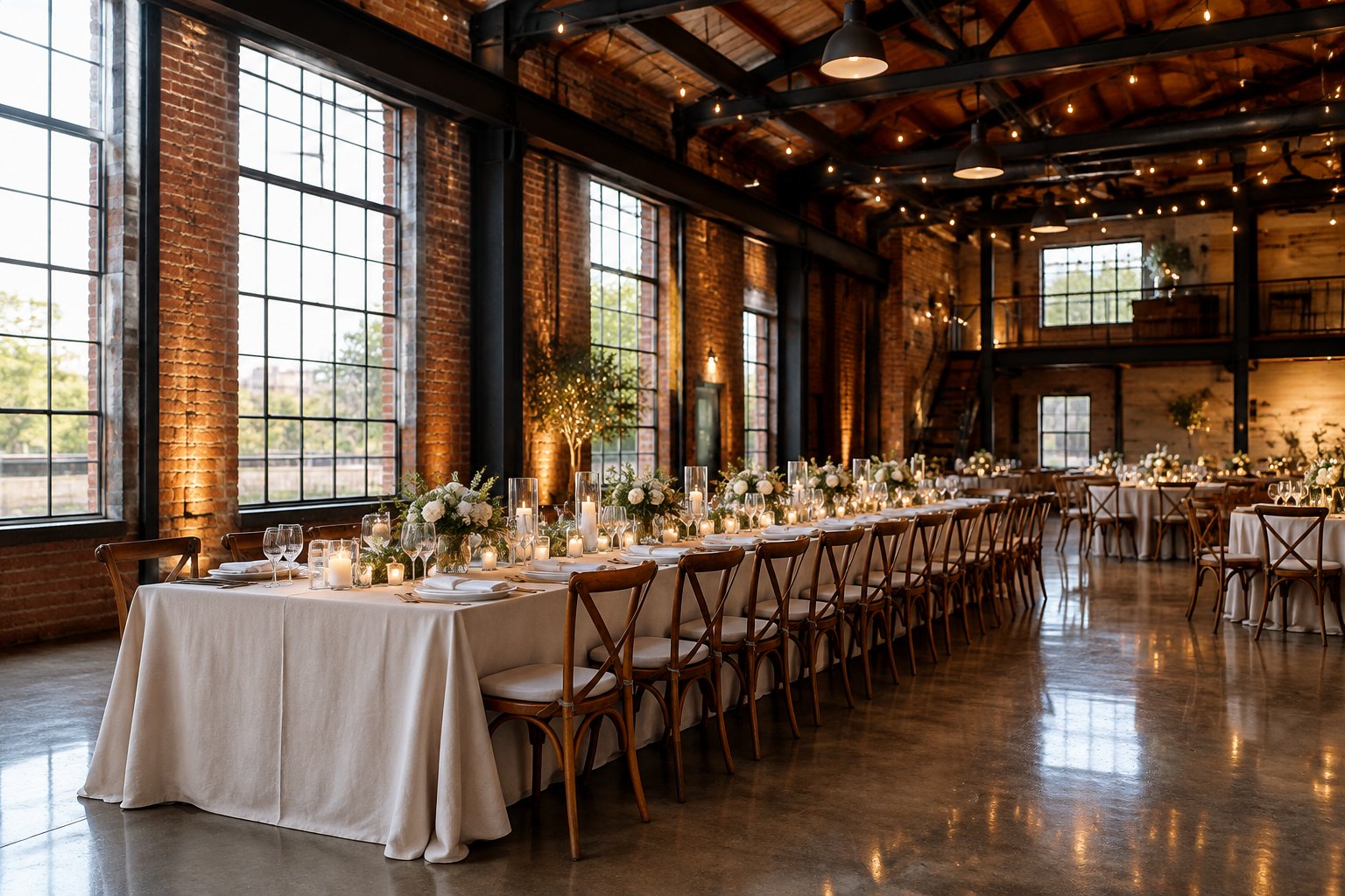 A wedding reception table inside a brick-and-steel industrial hall.