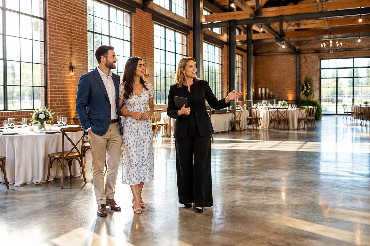 A couple and wedding planner explore a spacious industrial wedding venue.