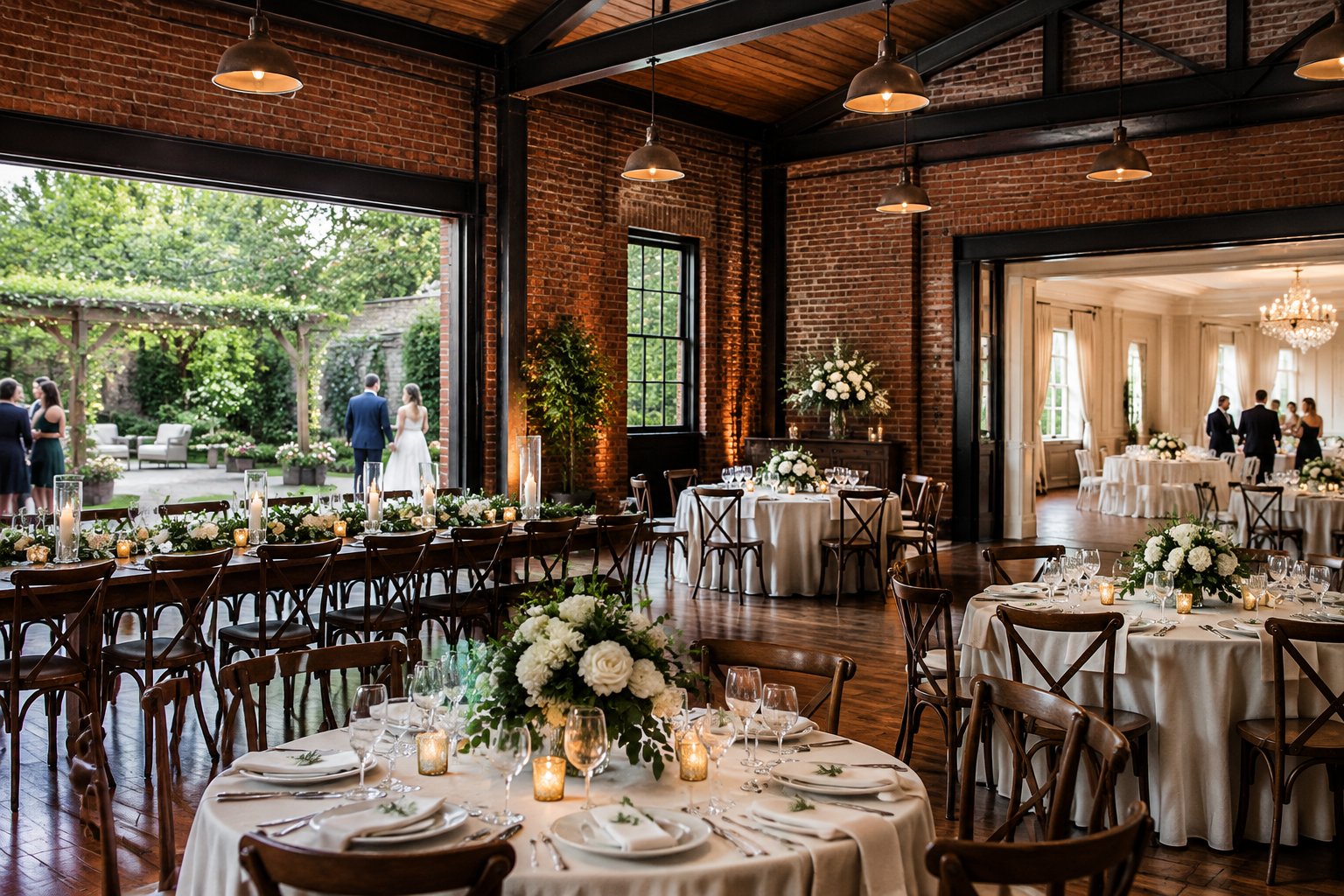 An industrial wedding reception space with tables set beside views of a garden courtyard and a traditional event hall.