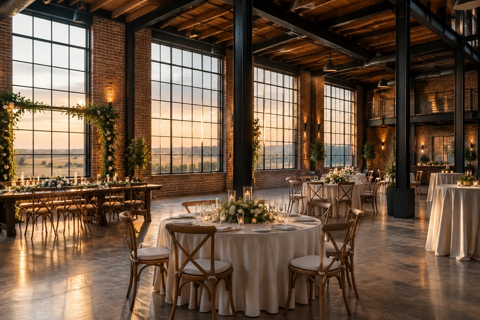 A wedding reception setup inside a brick-and-steel industrial venue.