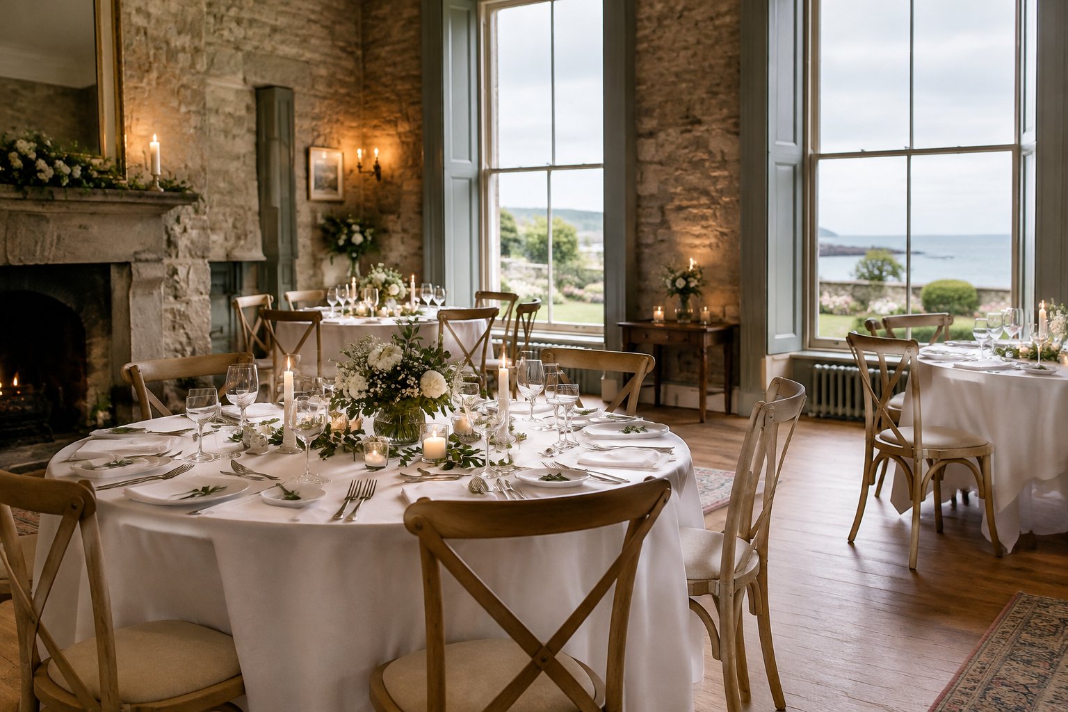 A small wedding reception set in a stone venue overlooking the coast.