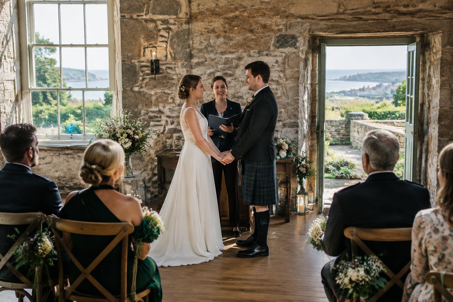 A couple celebrates their wedding with guests inside a stone venue.