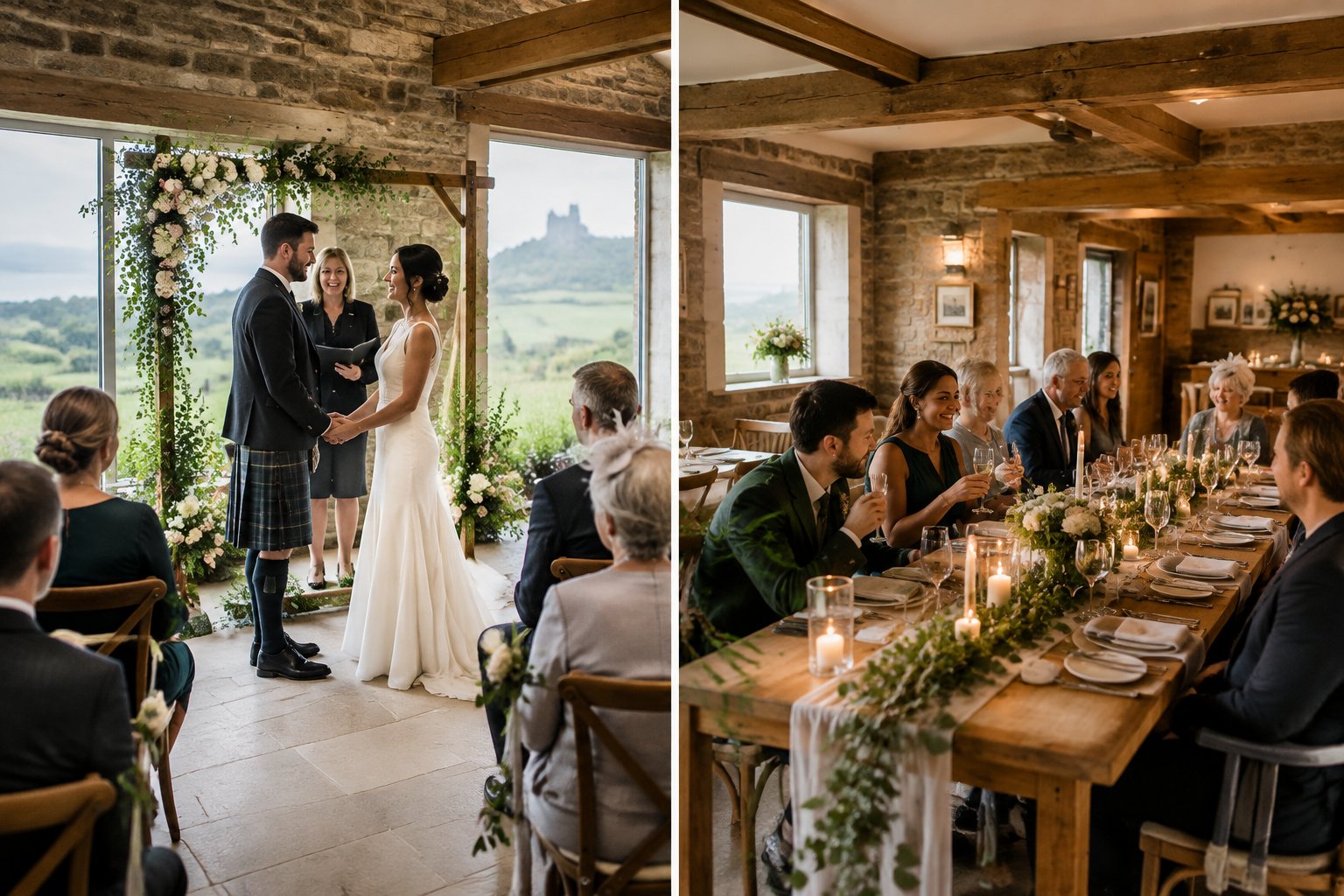 A couple celebrates their wedding with family and friends at a small stone venue.