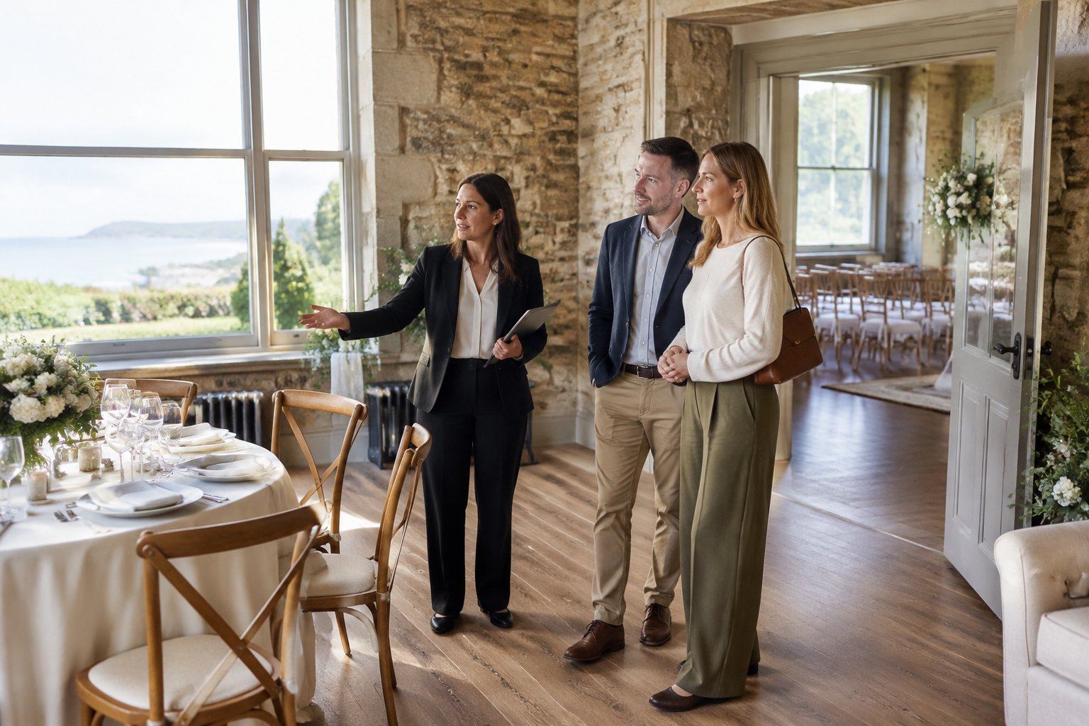 A couple tours a small wedding venue with a coordinator.