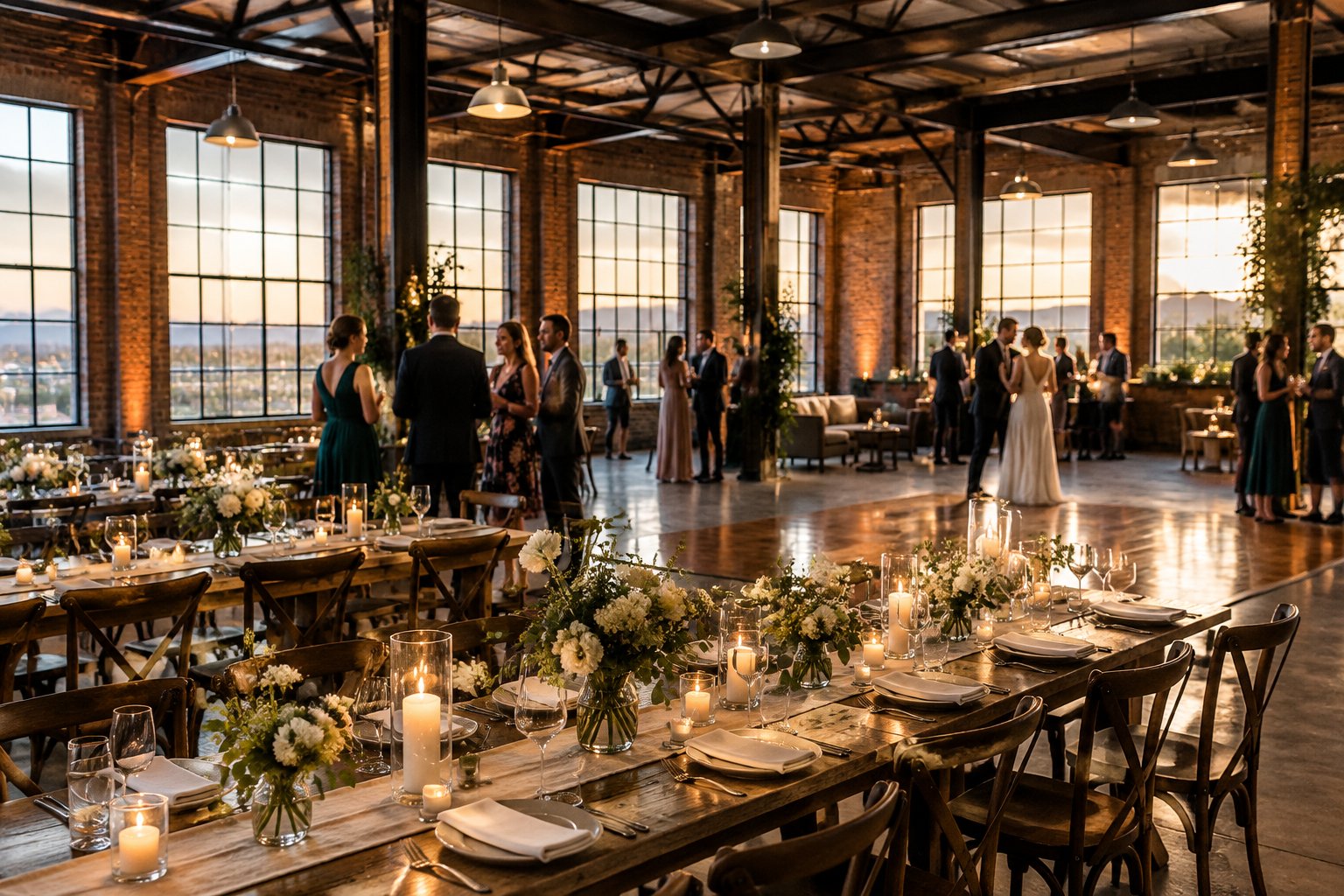 Guests gather for a wedding reception in a brick industrial venue.