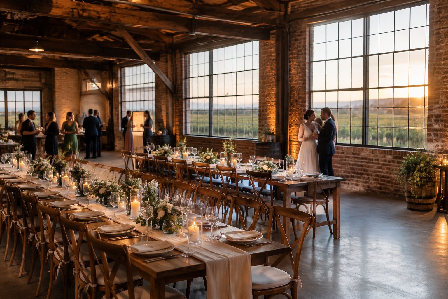 A couple and guests gather for a wedding reception in a rustic industrial venue.