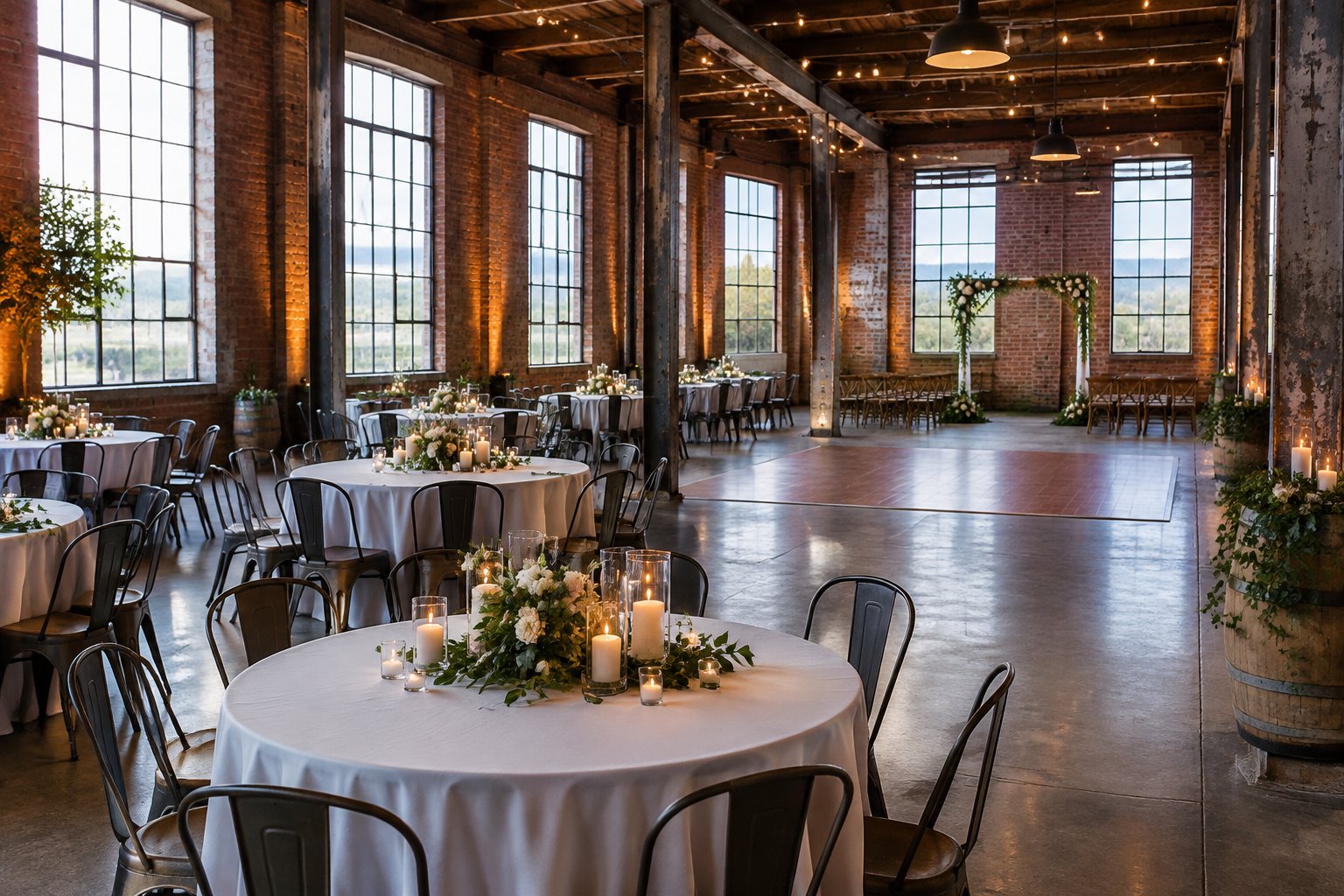 A wedding reception set up in a spacious brick-and-steel venue.