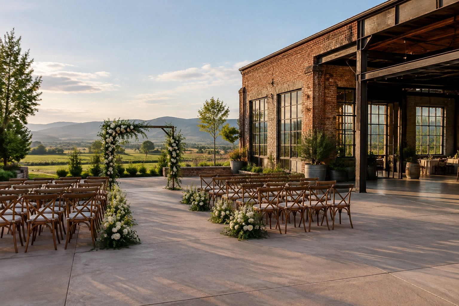 A wedding ceremony setup in a landscaped courtyard beside a brick industrial building.