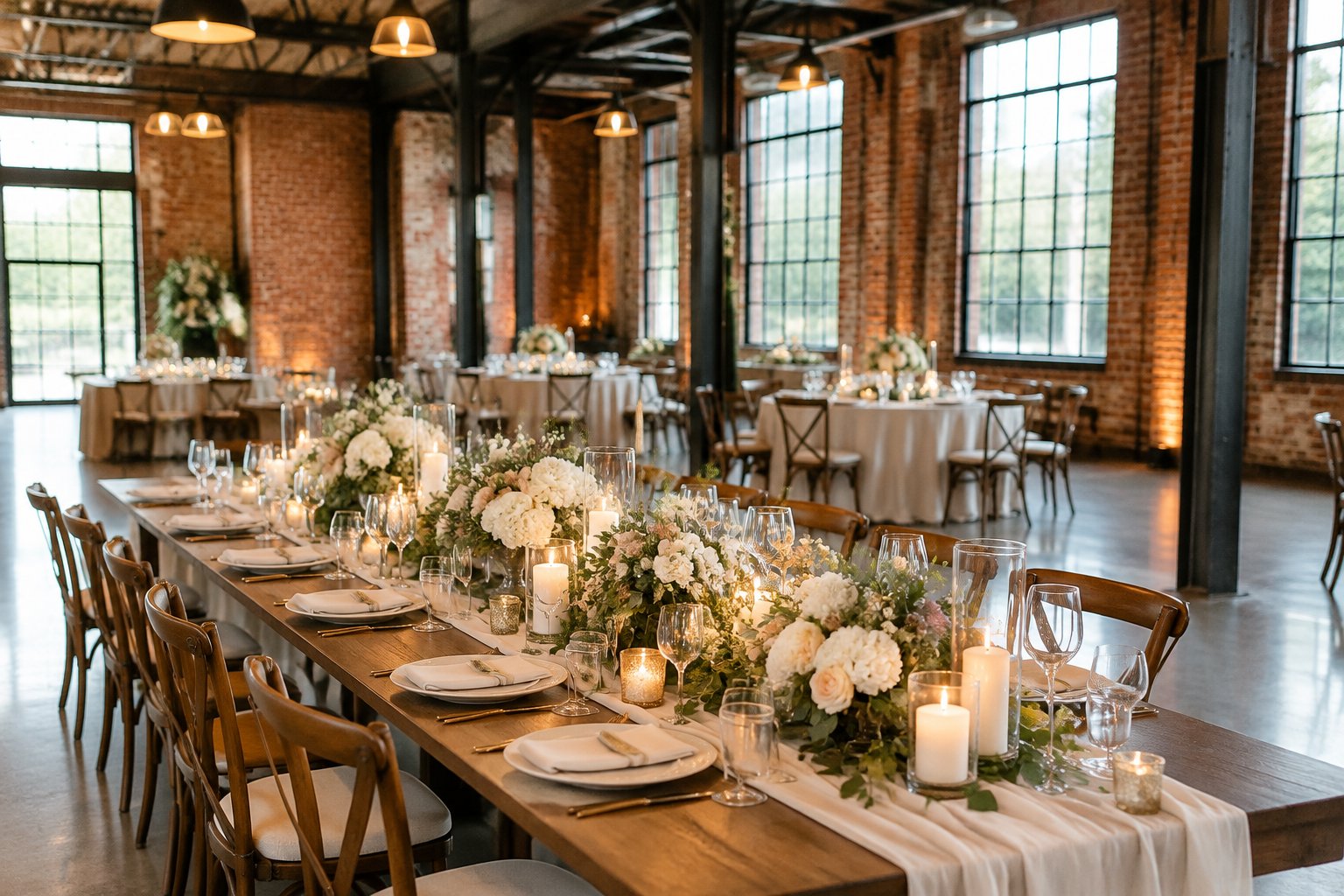 A wedding reception table inside a converted industrial venue.